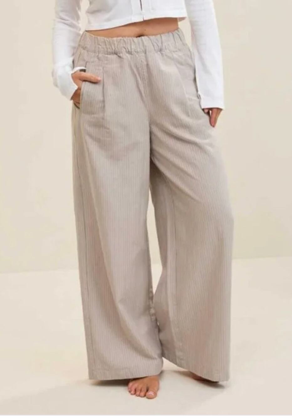Aerie Pull On Wide Leg Pinstripe Trouser Pants Tan Beige XS
